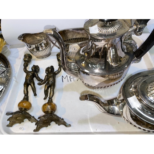 598 - A Georgian style silver plated 4 piece tea set; a silver p lated candelabra; a pair of bronzed cheru... 