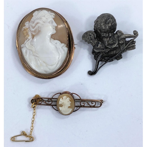 617 - A Victorian cameo with female bust portrait, in yellow metal surround stamped '9ct'; a bar brooch se... 