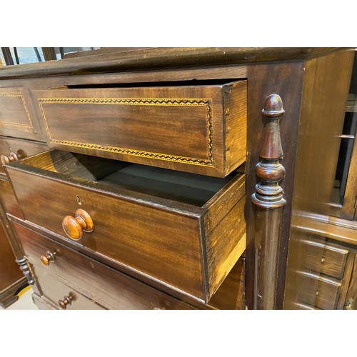 826 - A large Georgian inlaid mahogany chest of 3 long, 2 short and 2 concealed frieze drawers, on bracket... 