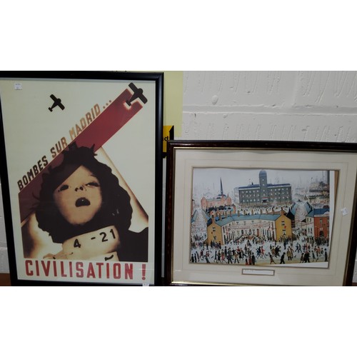 59 - A reproduction Bauhaus poster, 58 x 41 cm; 5 other framed photos