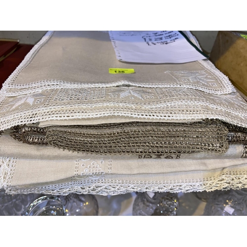 136 - 2 large hand embroidered Cyprus linen table cloths and other linen