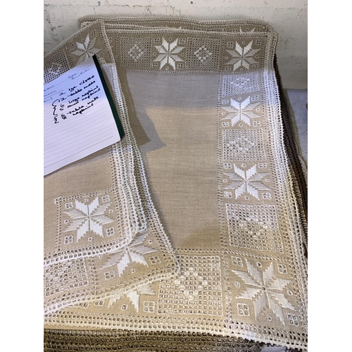 136 - 2 large hand embroidered Cyprus linen table cloths and other linen