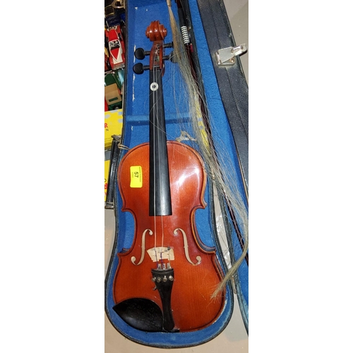 134 - A modern cased violin plus 2 bows length 34cm