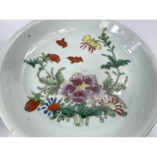 401 - A pair of Chinese famille verte dishes decorated withpolychrome flowers and a modern wooden plate st... 
