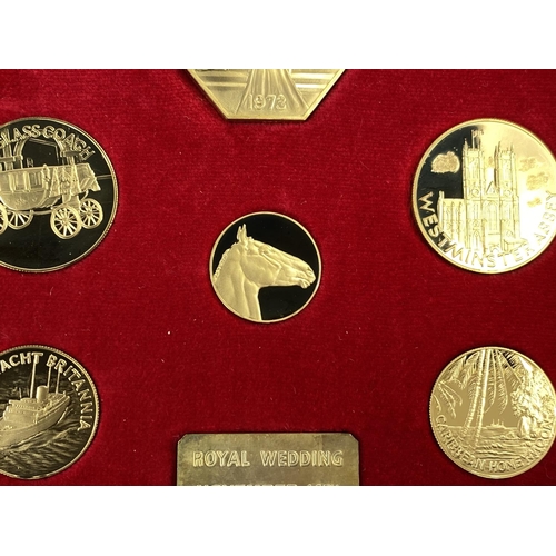 744 - A set of six 22 carat gold coins to commemorate the wedding of HRH Princess Anne to Capt Mark Philli... 