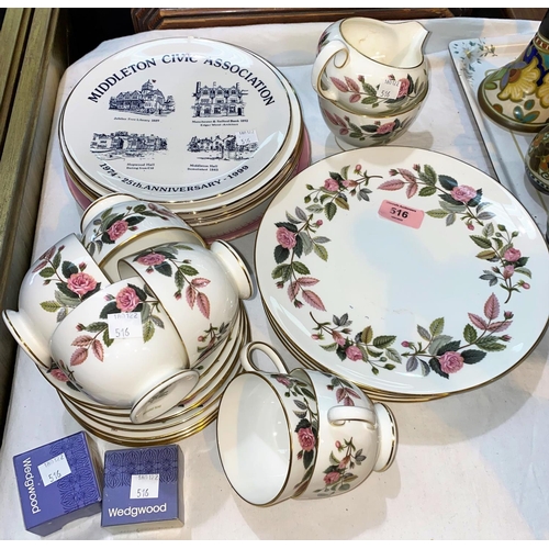 516 - A Wedgewood bone china Hathaway Rose pattern teaset, various souvenir plates of local interest