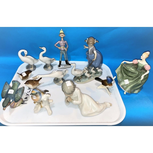 564 - A Royal Doulton figure:  Michelle HN2234; a Lladro figure:  girl and goose; other figures ... 