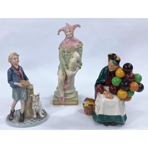 604 - Three Royal Doulton ladies: The Old Balloon Seller HN1315; The Jester HN2922; Please Sir HN 3301, he... 
