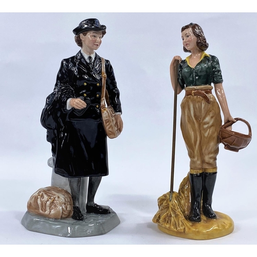 605 - Two Royal Doulton figures: Womens' Royal Naval Service HN4498; The Land Girl HN-, heights both 23cm