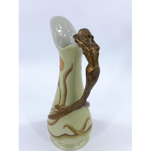 504 - J.B.T. ANNO 1906, Art Nuveau style ceramic jug with brass mermaid handle, height 23cm.
