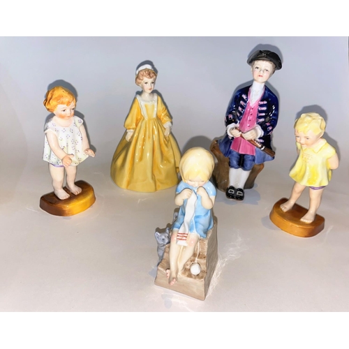614 - Four Royal Worcester figures - Katie, Joan, Tommy, heights 11cm; Grandmother's Dress (miniature) hei... 