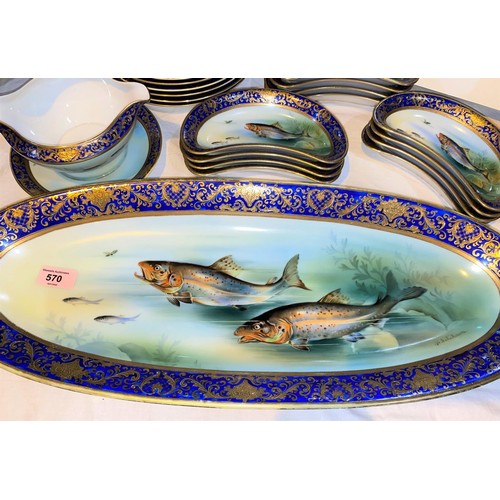 570 - A Japanese Meito porcelain fish service of 26 pieces, with hand painted decoration by H Ichikawa, pl... 