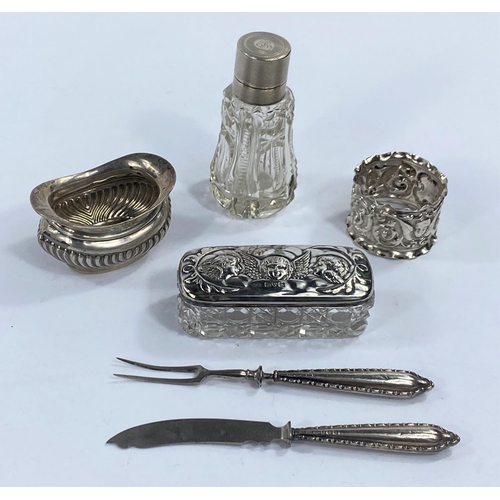 725 - A hallmarked silver capped scent bottle, a hallmarked silver and glass trinket box, other pieces of ... 