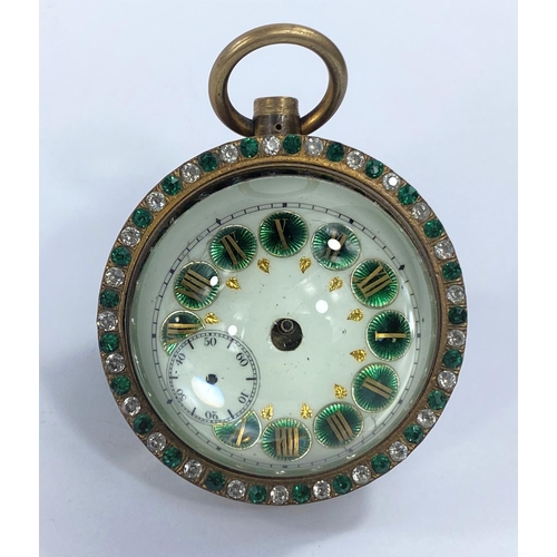 727 - An early 20th century time piece with spherical case set with green and clear stones, with green and... 