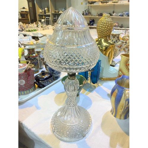 549 - A 1950's cut glass table lamp with mushroom shade, height 45 cm