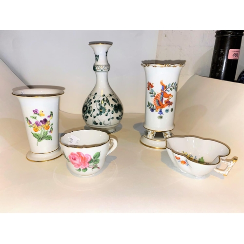 634 - Three modern Meissen vases, heights 19cm, 15cm and 11cm and 3 other pieces of modern Meissen