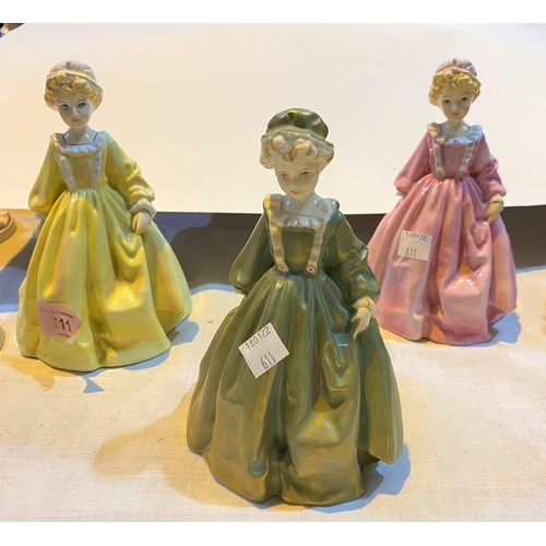611 - Three Royal Worcester figures: Grandmother's Dress (colour variations) 17cm