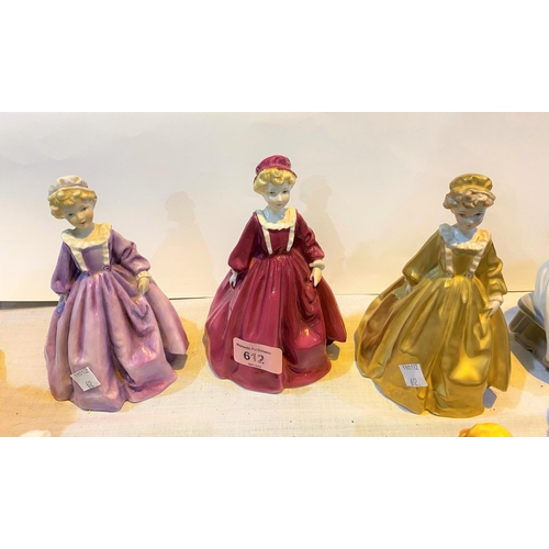 612 - Three Royal Worcester figures: Grandmother's Dress (colour variations), height 17cm