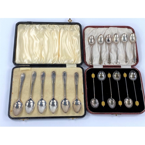 708 - A set of silver coffee bean spoons, cased; another cased set; another set;  total weight 5. oz