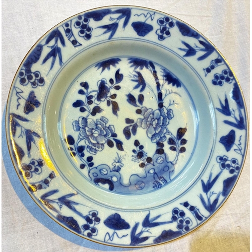 430 - An 18th century Chinese blue and white plate decorated with flowers and branches, diameter 22.5cm