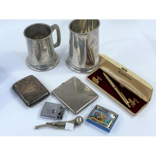 667 - A chased silver cigarette case, Chester 1899, 3 oz; a bosun's whistle; 2 vintage cigarette lighters;... 