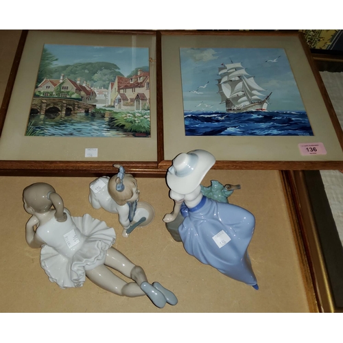 136 - 3 Nao figures: two young girls and a baby; Horace Watton 2 gouaches and a water colour of a butterfl... 
