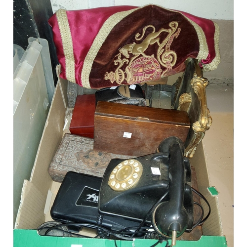 157 - An ornate gilt wall shelf; a vintage telephone, 2 cigar humidifiers, treen, boxes and an embroidered... 