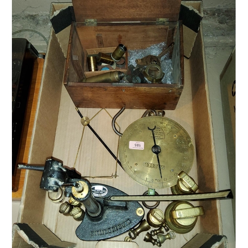 185 - A brass microscope in need of reconstruction, a Salter scaleand another set of scales