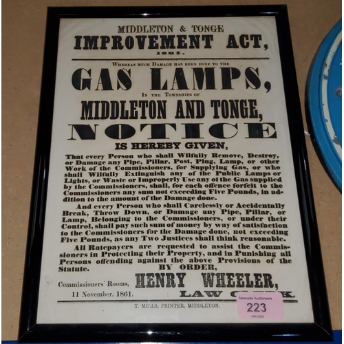 223 - Middleton & Tonge:  a notice concerning damage to gas lamps, 1961, 30 x 22 cm, framed