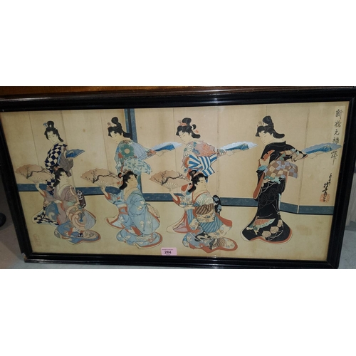 284 - A 19th century Japanese woodblock triptych print depicting 6 geishas, mounted as one, 35 x 72 cm, fr... 