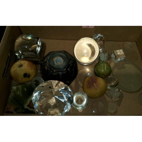 48 - A 19th century crystal ball and stand; other glass items; 3 ceramic fruits