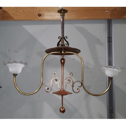 50 - An early 20th century pendant ceiling light, Arts & Crafts design, copper and brass with wrought... 
