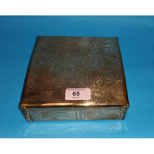 65 - WWII V-E Commemorative cigar box, Battlefields of Europe, copper over brass (recovered from battlefi... 