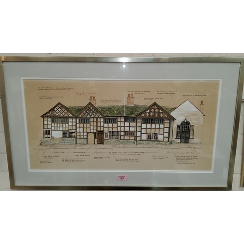 753 - KIT SMITH, pen and wash, The Old Boar's Head, Middleton, Manchester, signed, 33 x 68cm framed