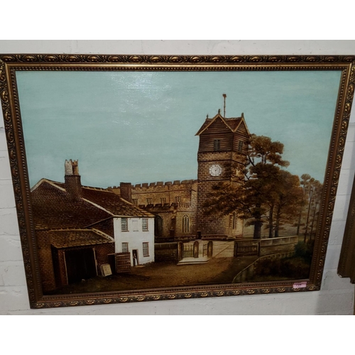 754 - A.SANDERSON, oil on canvas, St Leonard's Parish Church, Middleton with whitewash cottage and figure,... 