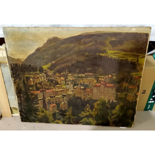 759 - Studio of Michael Gilbury (British 1913-2000) oil on canvasview of town bellow mountains, signed to ... 