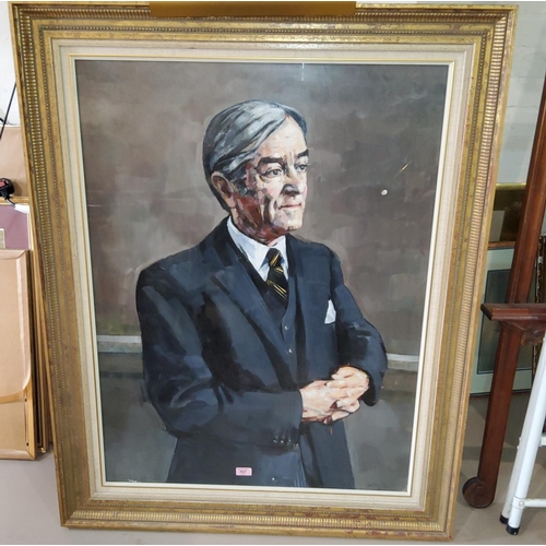 767 - Harold Riley:  'Mr John Herwell Morris', half length portrait of a gentleman in grey suit, oil on ca... 