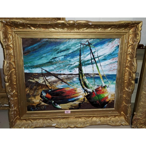 769 - S Abrys:  Beached fishing boats, oil on board, signed, 48 x 59 cm, framed