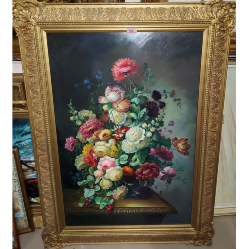 780 - Mielof: oil on board, still life of flowers in vase, signed, 89 x 59 cm, in antique style gilt frame