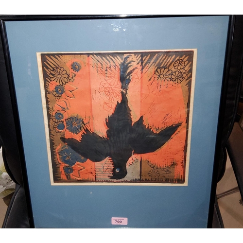 790 - 20th century: Colour woodblock print on Japan paper, pendant crow, 30 x 30cm, unsigned, framed.