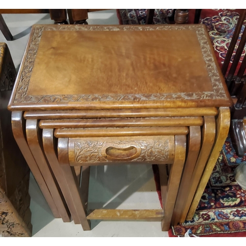 802 - A set of 4 graduating carved hardwood Indian tables and a circular hardwood inlaid Indian table with... 