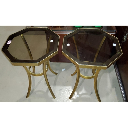 920 - A pair if Italian bronze octagonal lamp tables with inset smoked glass tops, 36cm wide x 51cm h... 