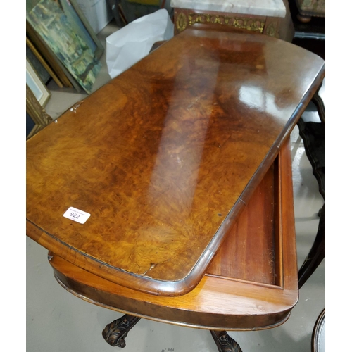 922 - A Victorian burr walnut fold over card table with green baize interior with four splay legs, length ... 