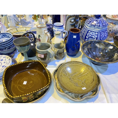 591 - A selection of studio pottery; a selection of blue & white pottery