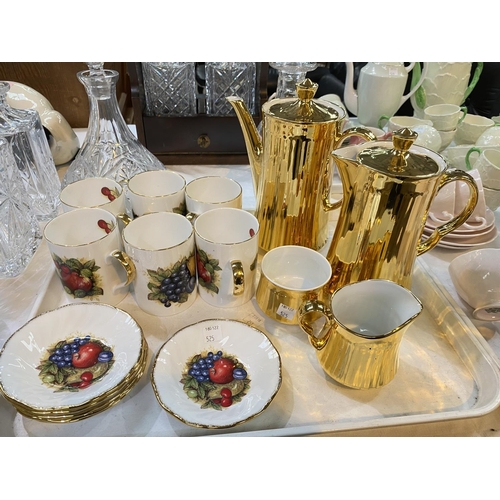 525A - Royal Worcester porcelain gilt coffee pot, hot water jug and a Queens Antique Fruit set of 6 cups an... 