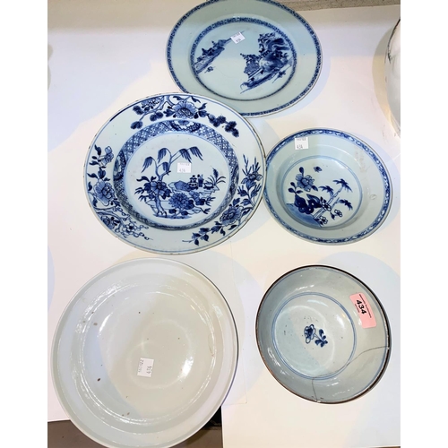434 - Three various Chinese blue and white dishes and another polychrome dish