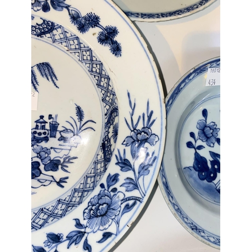 434 - Three various Chinese blue and white dishes and another polychrome dish