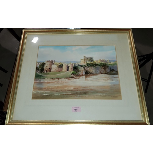 765 - E J Mayberry:  Chepstow Castle, watercolour, signed, 26 x 39 cm, framed and glazed; 2 other pic... 