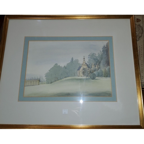 765 - E J Mayberry:  Chepstow Castle, watercolour, signed, 26 x 39 cm, framed and glazed; 2 other pic... 