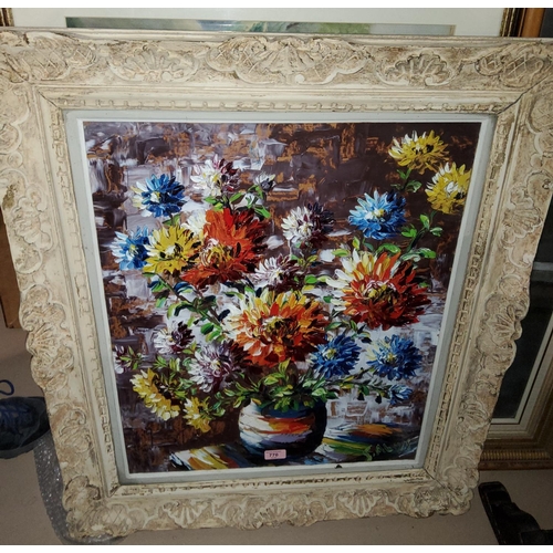 770 - S Abrys:  Still life of chrysanthemums in in a vase, oil on board, 63 x 52 cm, framed and glaze... 
